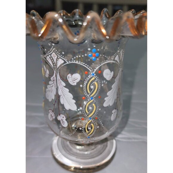 Vintage Hand-Painted Ruffled Edge Glass Vase With Gold Accents & Floral Design - Picture 9 of 13
